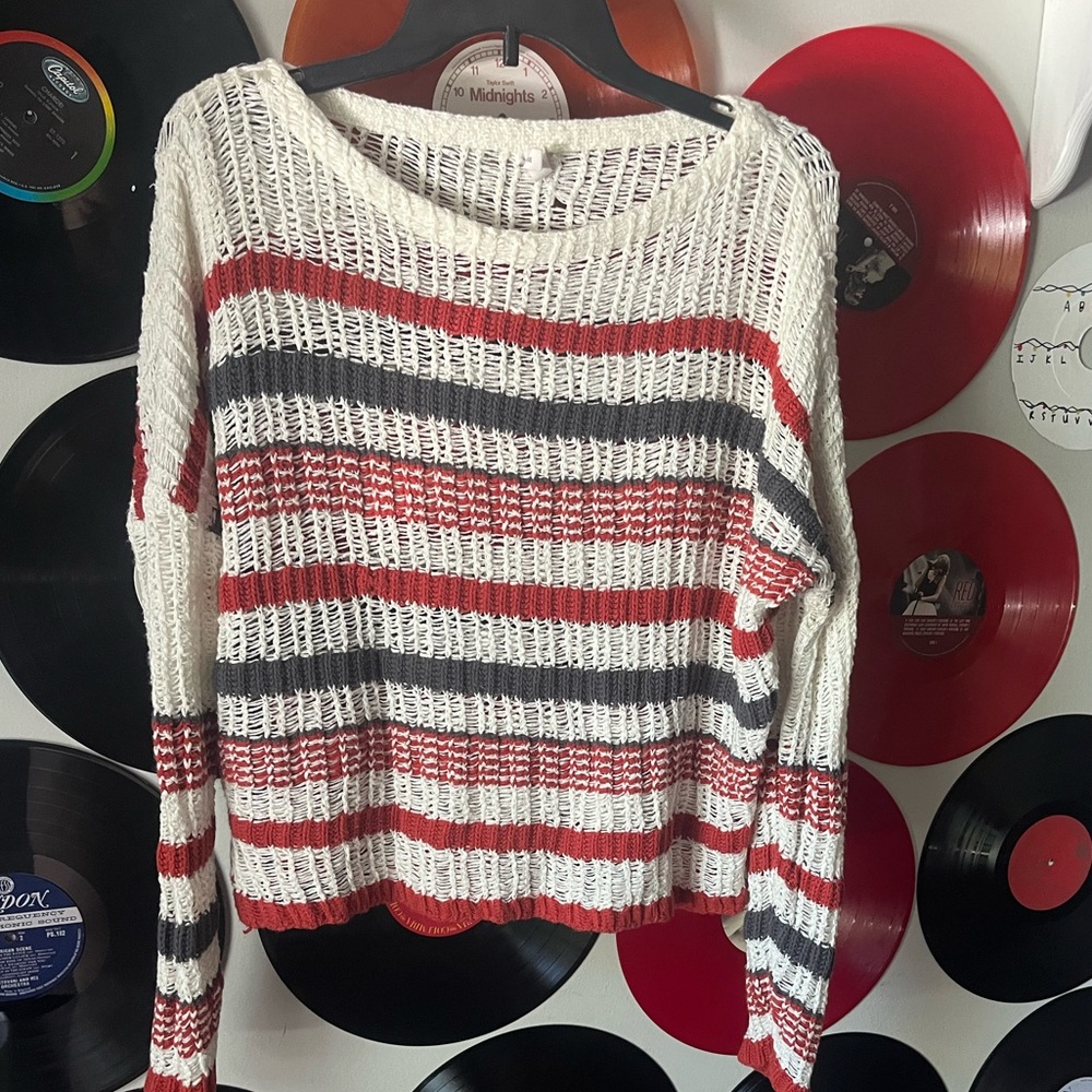 See through knitted sweater with grey and burnt orange stripes